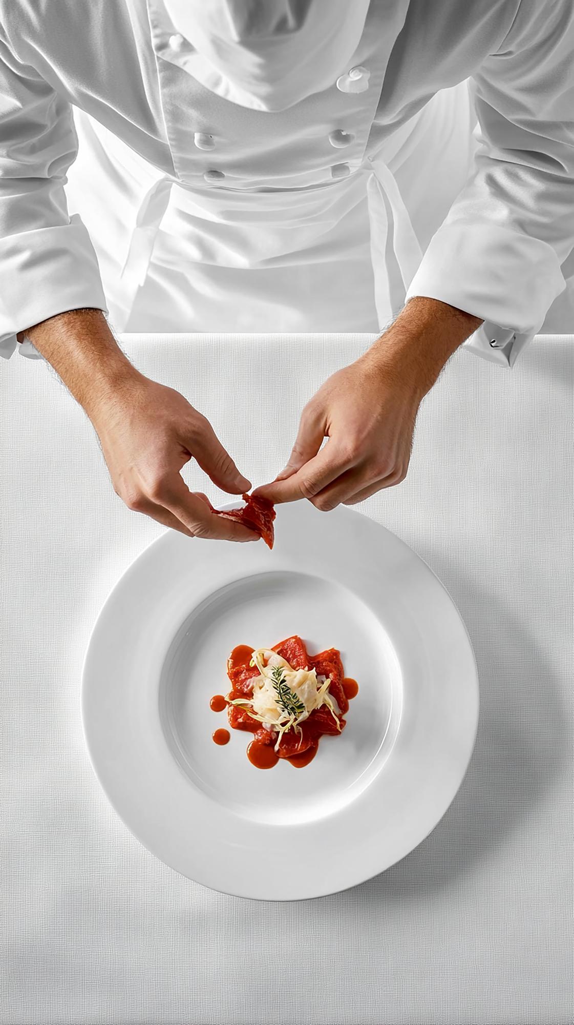 Chef preparing a bold plated dish
